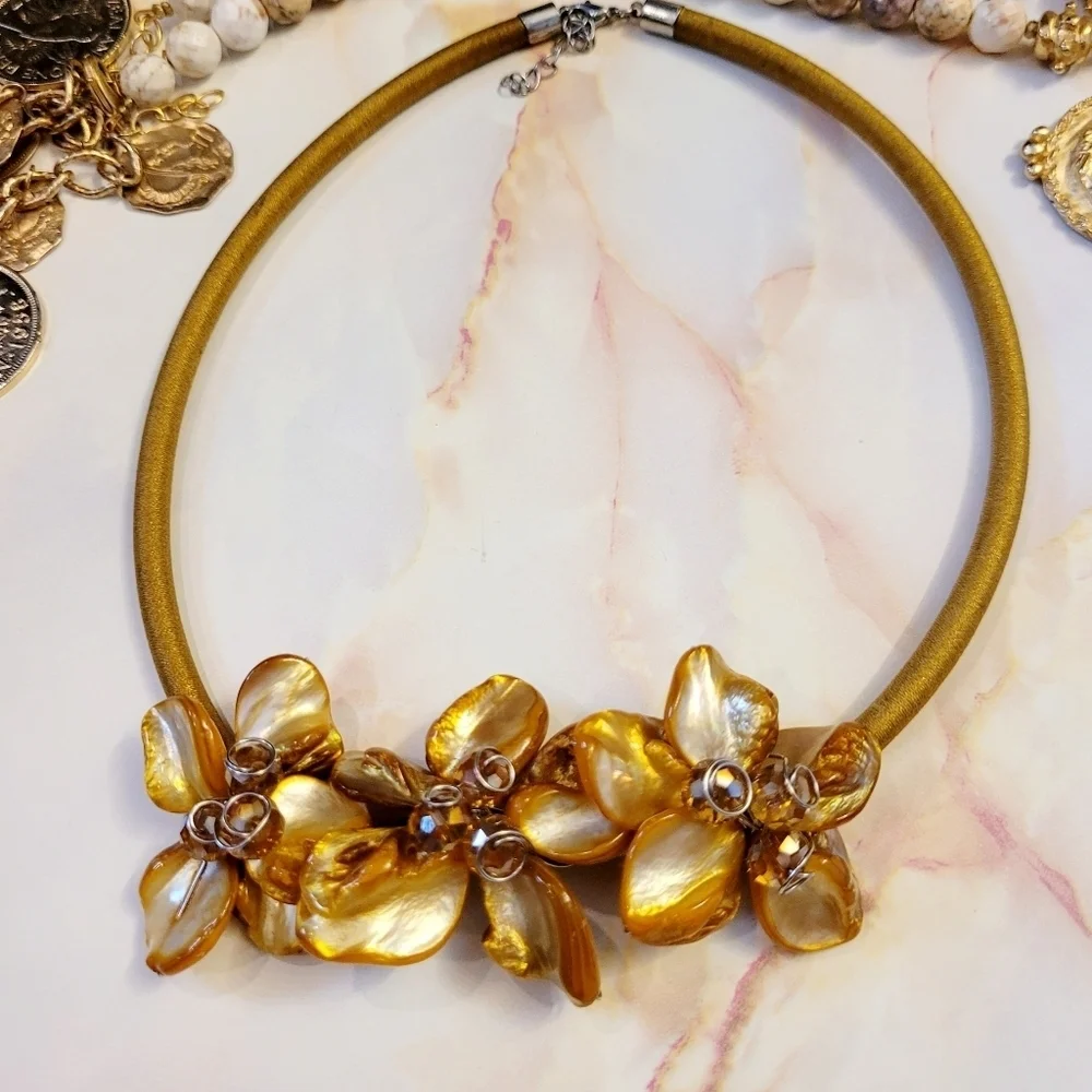 Vintage Handcrafted Golden Dahlia Flower Crystal Beaded Silk Statement N…